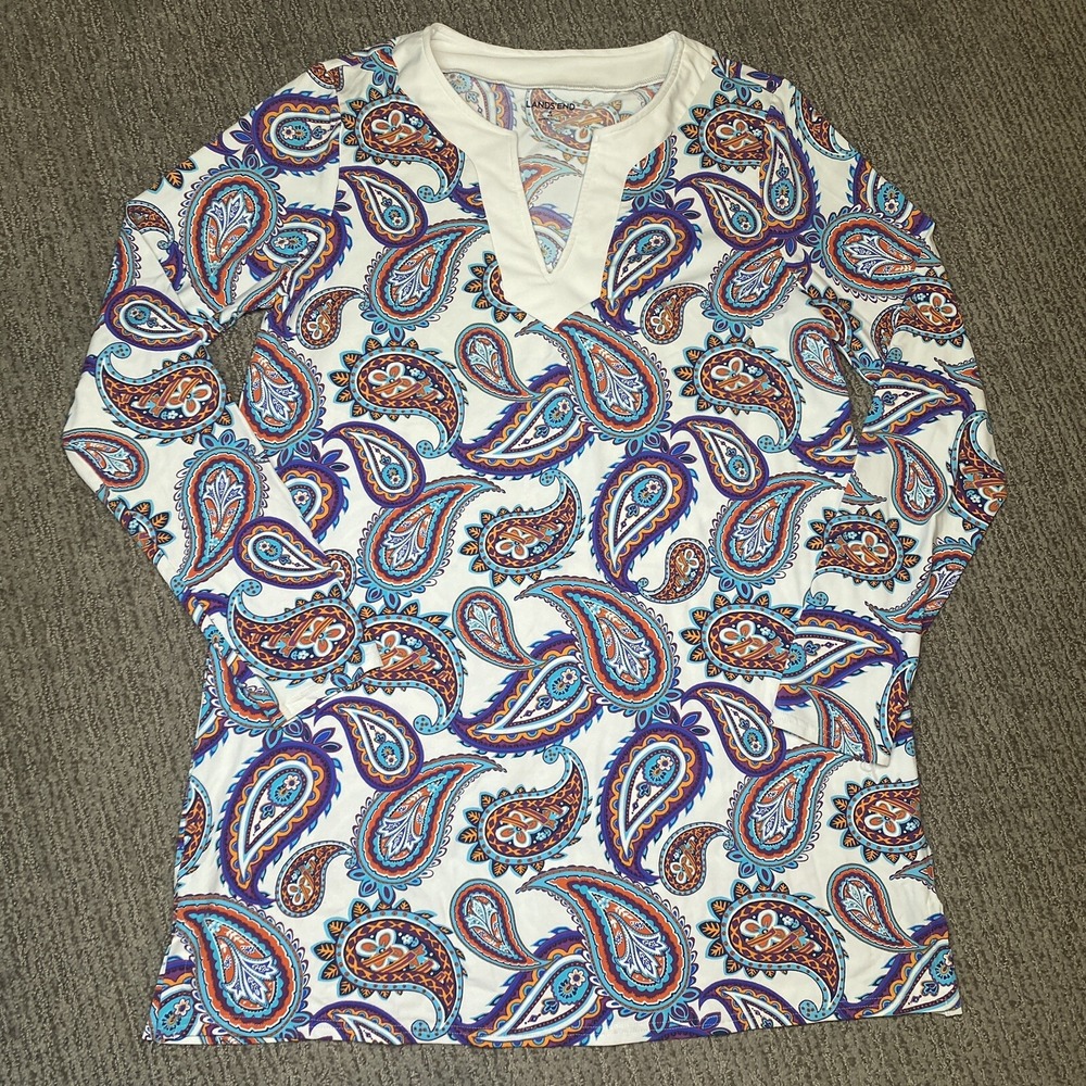 Lands End Womens S 6-8 Rash Guard Dress Cover Up Paisley Stretch Long Sleeve